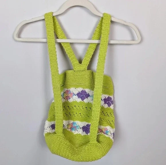 Handmade Crochet Knit Mini Backpack Bag Colorful Floral Bohemian Hippie 70s - Picture 2 of 11